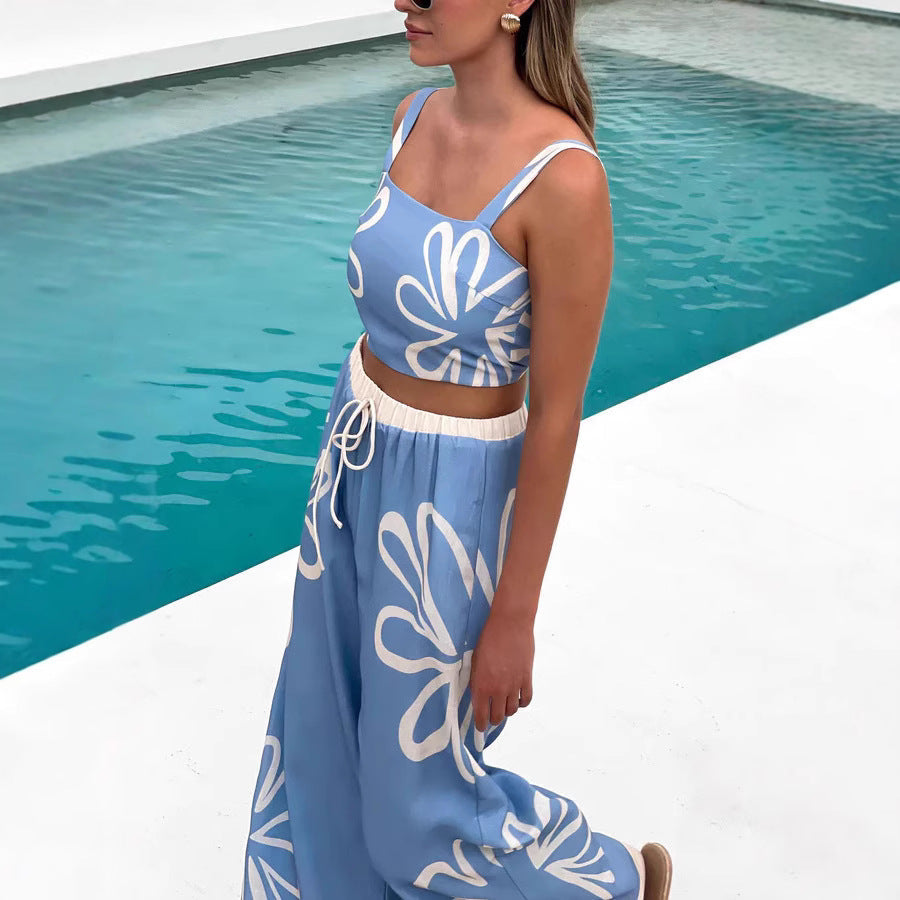 Women's Set with Top and Wide Pants – Cotton – Relaxed Fit – Floral Pattern