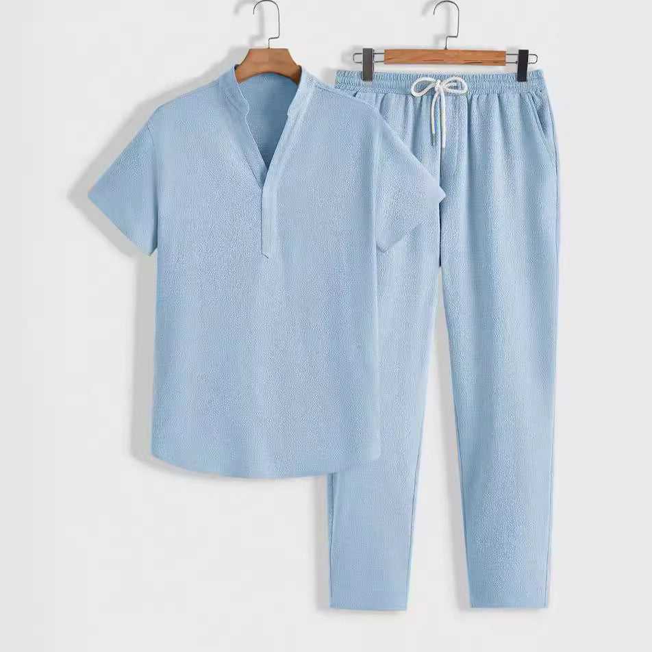 Men's Training Set – Short-Sleeved Top with V-Neck – Drawstring Pants – Relaxed Fit