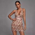 Women's Midi Dress – Fitted Silhouette – Deep V-Neckline – Sequin and Fringe Details