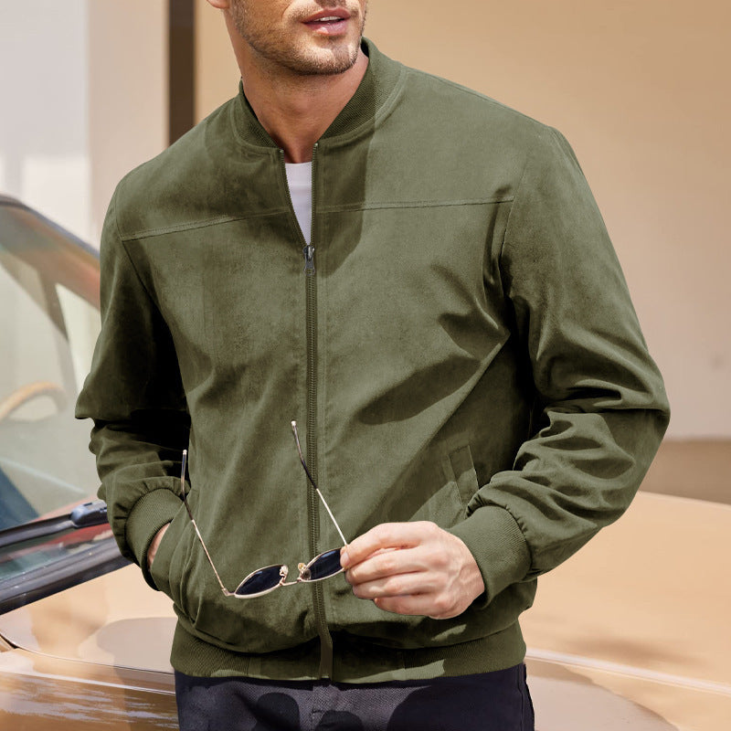 Suede Finish High Collar Bomber Jacket