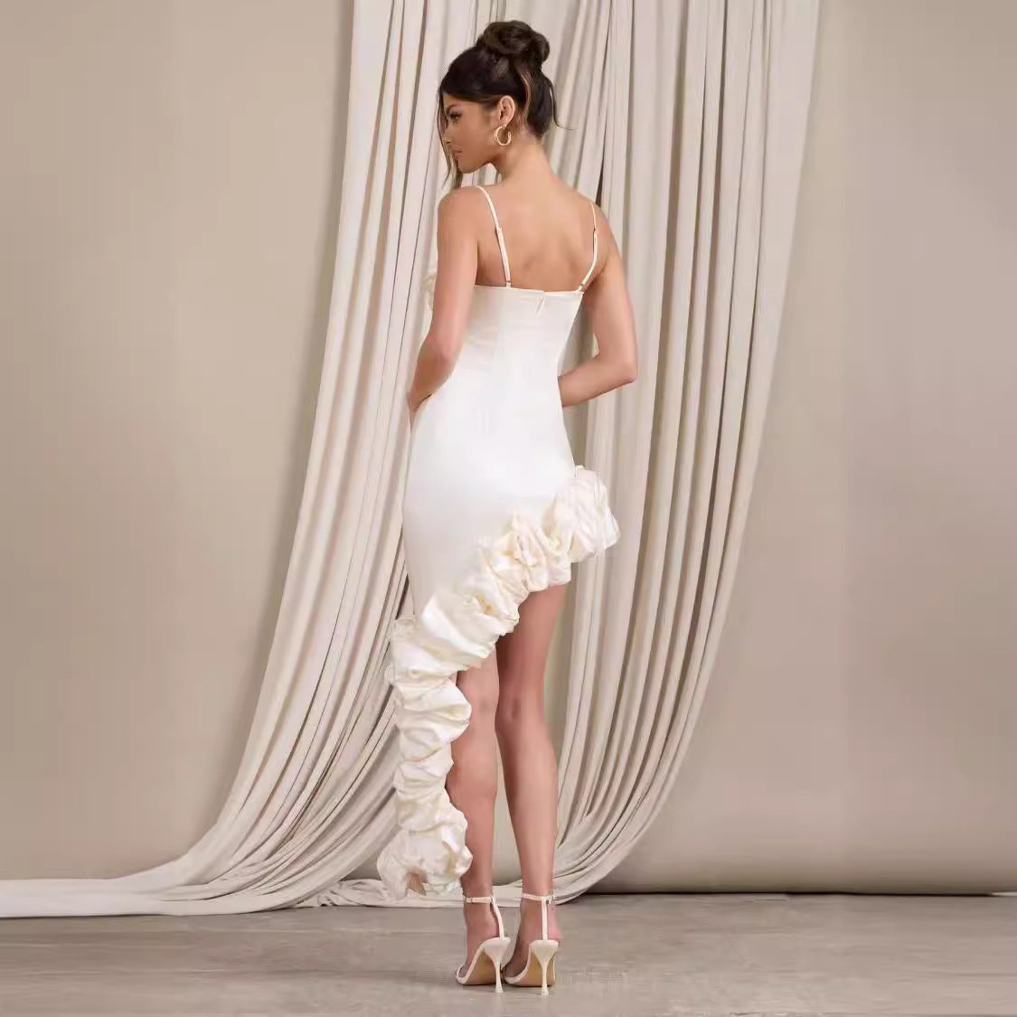 Dress for Women – Evening Dress in Satin – Slim Fit – Asymmetrical Hem – Spaghetti Straps