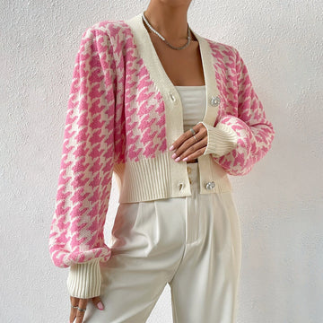 Dame Cardigan – Strik – Houndstooth Mønster – Ballonærmer – Kort Pasform – V-Hals