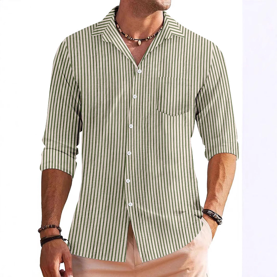 Men's Shirt with Long Sleeves – Regular Fit – Breathable Material – Striped Pattern – Chest Pocket
