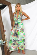 Women's A-line dress – V-neck – Tie back – Lightweight fabric – Artistic print