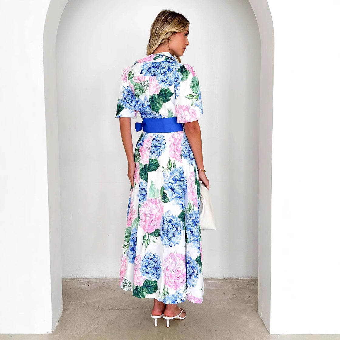 Dress for Women – Maxi – A-line Fit – Button Closure – Floral Print – Waistband