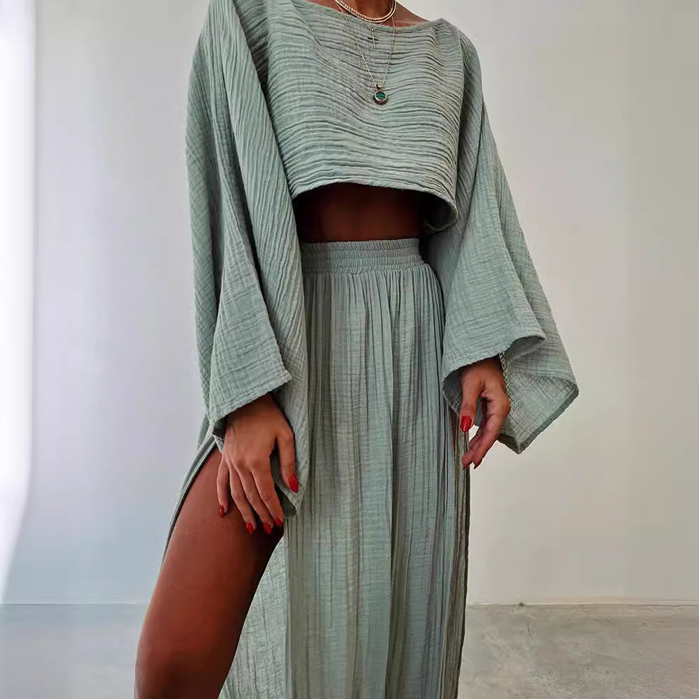 Dame Cropped Top – Hørblanding – Afslappet Pasform – Bådhals – 3/4 Ærmer