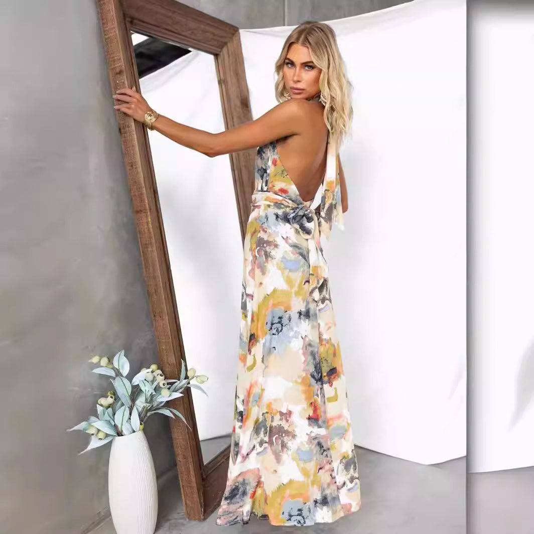 Lightweight Artistic Print Tie Back A-line Dress