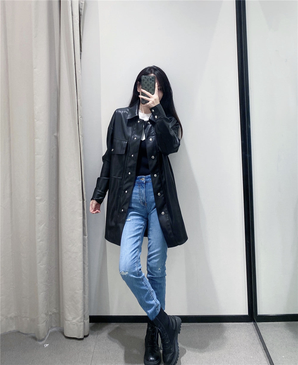 Faux Leather Snap Button Loose Fit Shirt Jacket