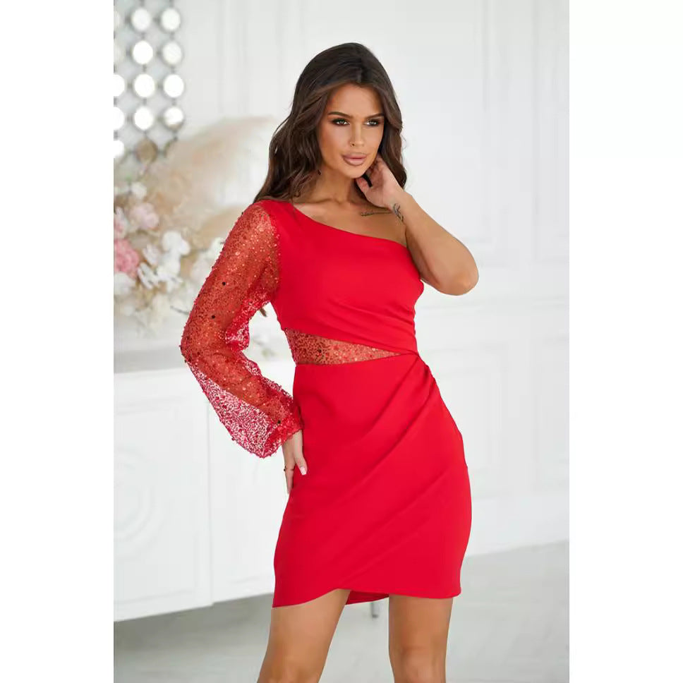 Dress for women – Bodycon fit – One shoulder – Asymmetric cut – Sequin sleeve
