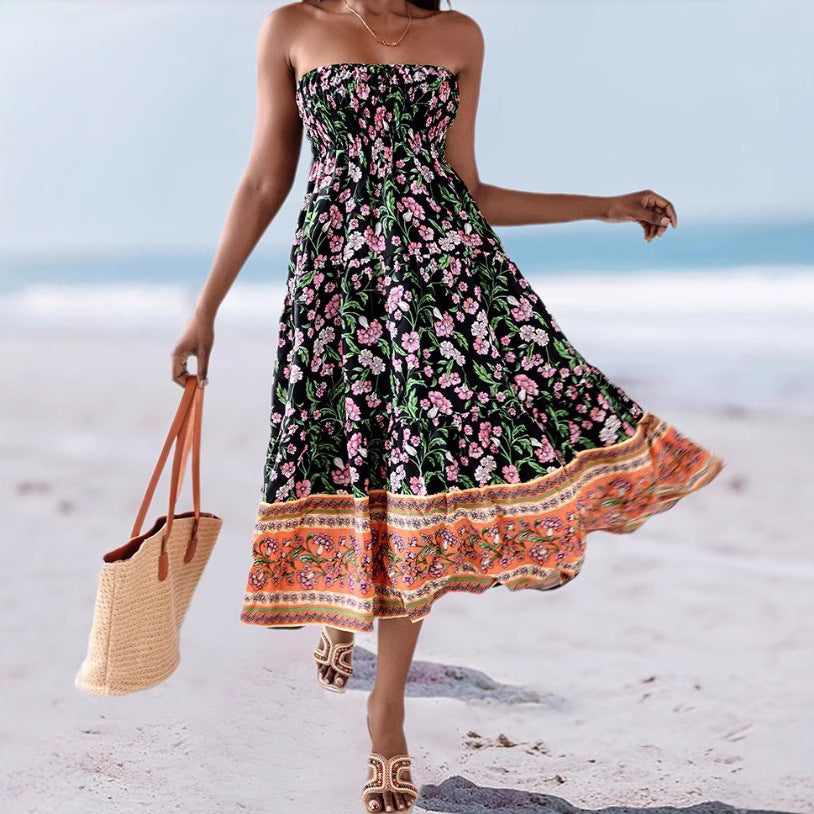 Women's Strapless Dress – Cotton Blend – A-line – Floral Pattern – Midi – Convertible