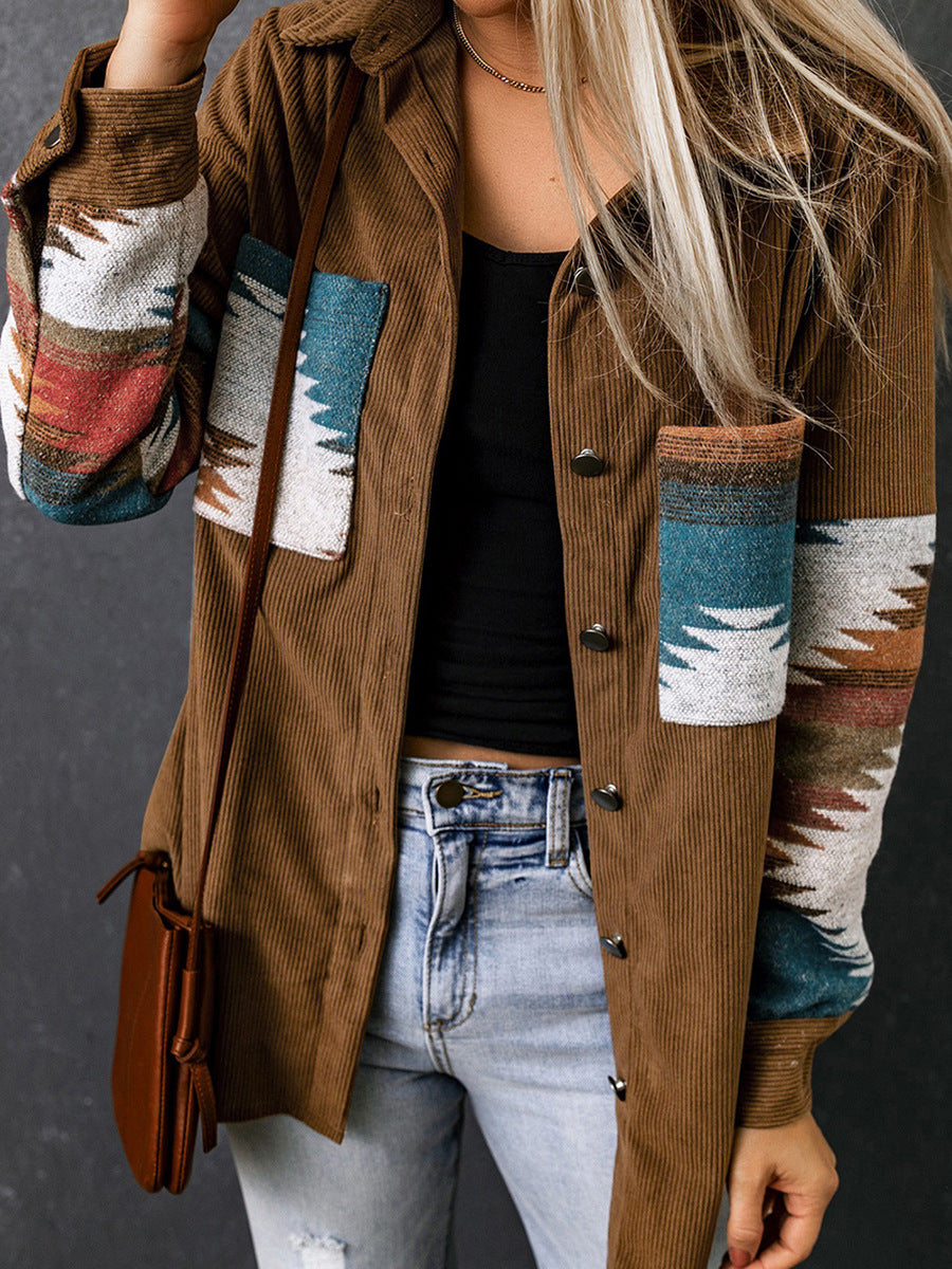 Aztec Detail Wool Blend Corduroy Cardigan Jacket