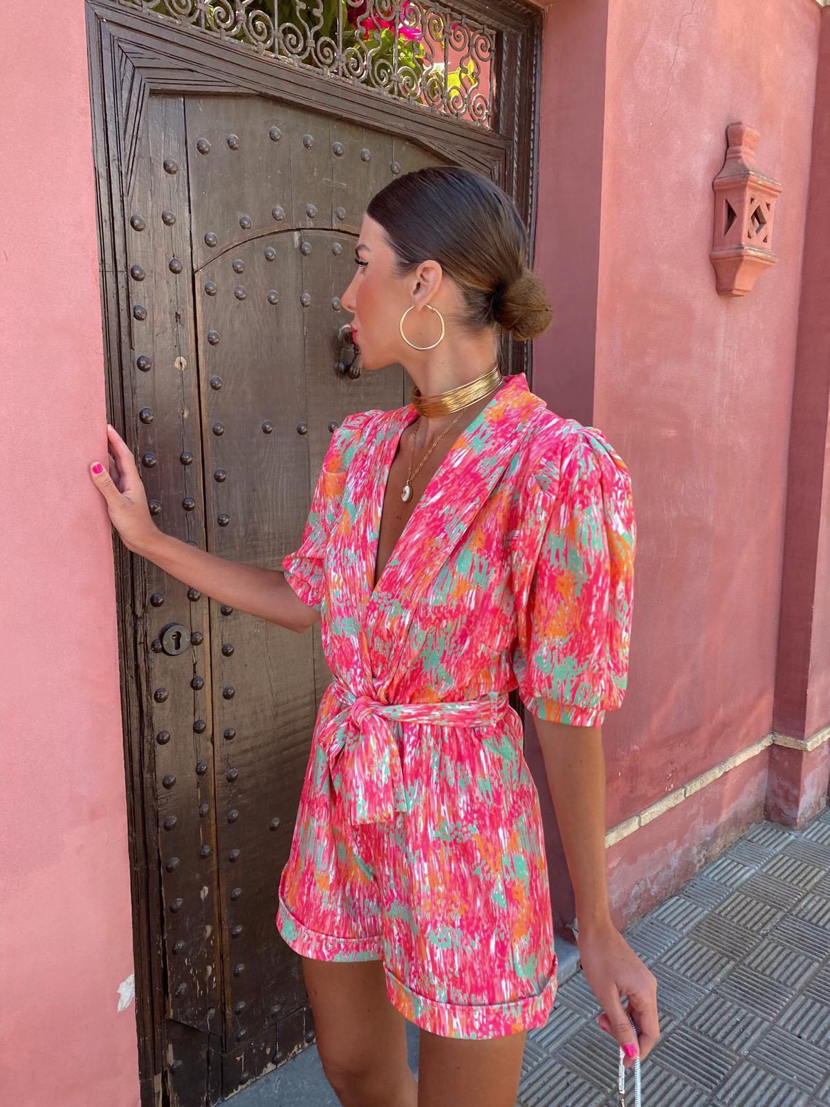 Women's Playsuit – Tailored Fit – Puff Sleeves – V-Neck – Belt – Print – Pockets