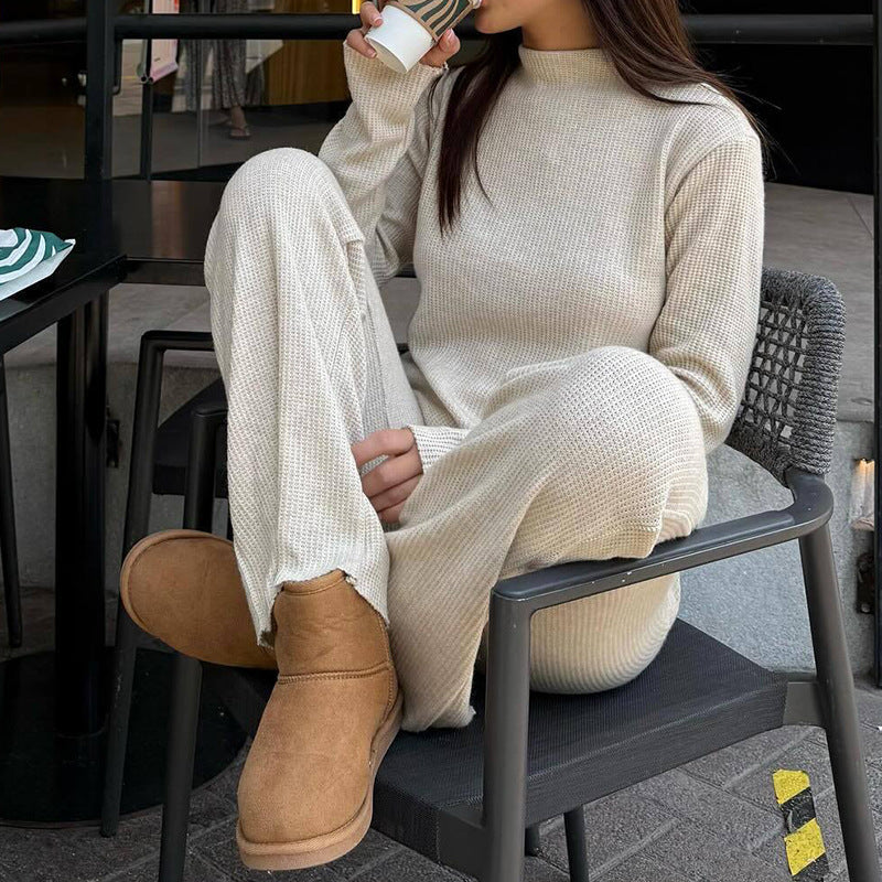 Waffle Knit Mock Neck Wide Leg Lounge Set
