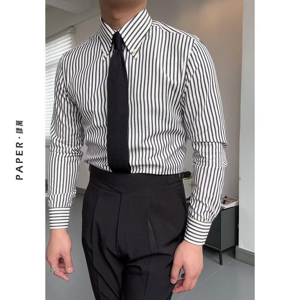 Men's Shirt with Long Sleeves – Tailored Fit – Breathable Cotton Blend – Striped Design