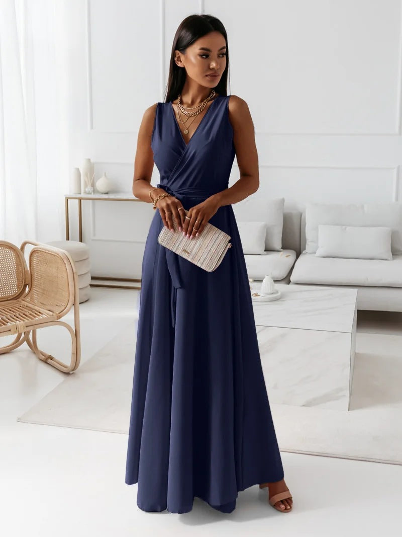 Women's Maxi Dress - Sleeveless V-neck - Wrap Design with Belt - Elegant and Flowy