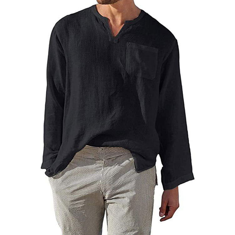 Linen-Cotton Blend Relaxed Mandarin Shirt