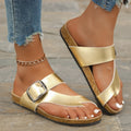 Women's Sandals – Slip-on Flat Sole – Cork Footbed – Adjustable Metal Buckle