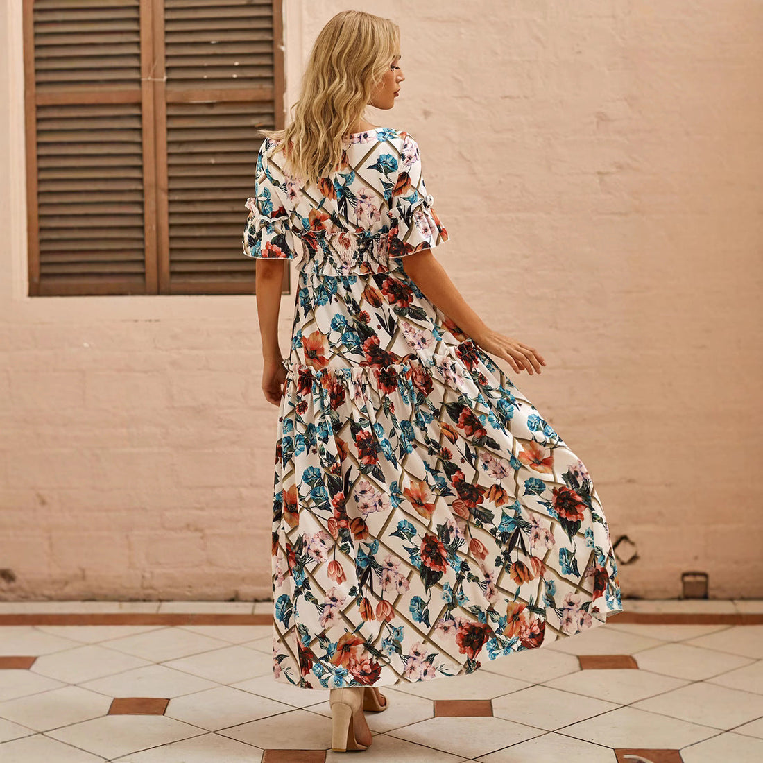 Smocked Tiered Cotton Blend Maxi Dress
