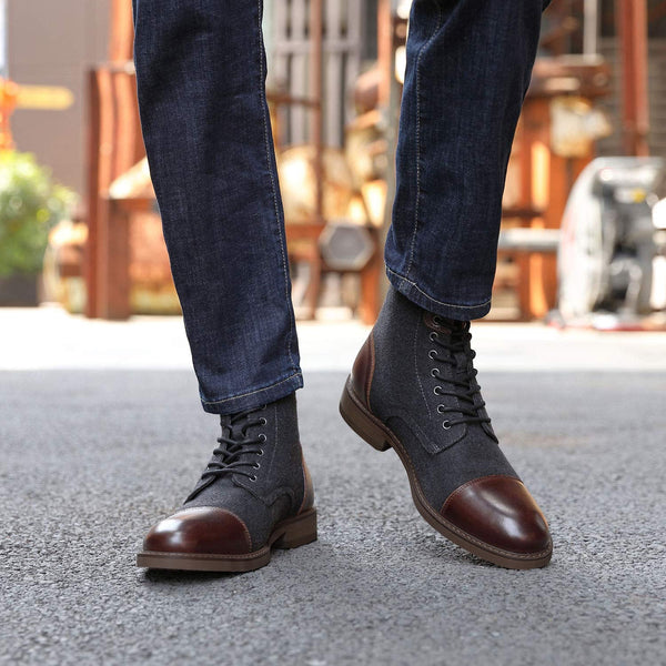 Men’s Boots - Leather Textile - Ankle Height - Cap Toe - Lace-Up Closure