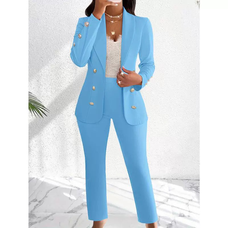 Two-Piece Double-Breasted Straight Leg Pants Set