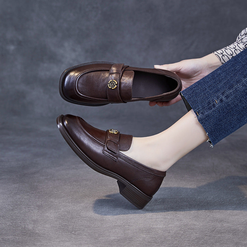 Leather Camellia Detail Moc Toe Loafers