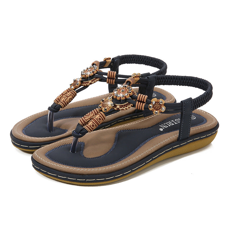 Women's Sandals – Flat Sole – Woven Toe Strap – Bohemian Wooden Beads – Relaxed Fit