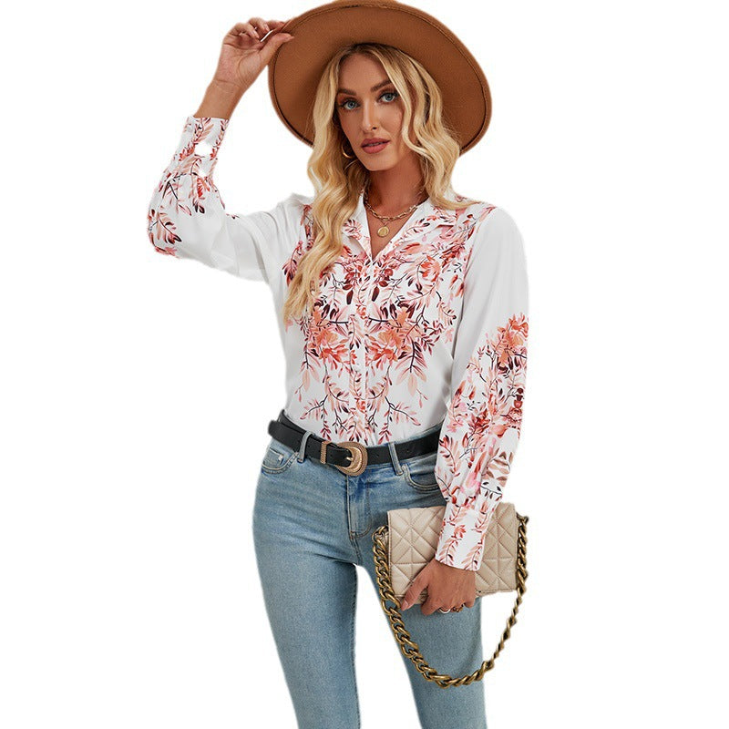 Women's Blouse – Lightweight Material – Relaxed Fit – Long Sleeves – Floral Print