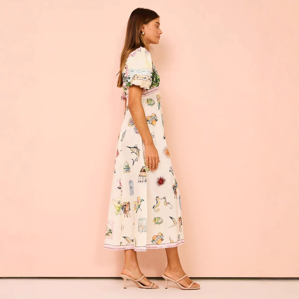 Artistic Print Puff Sleeve A-Line Dress