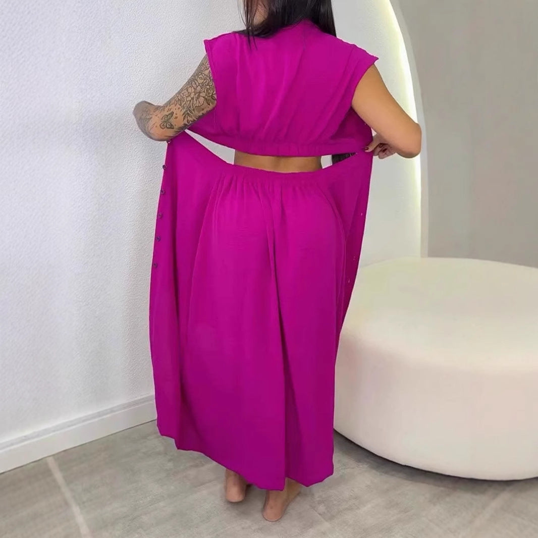 Women's Midi Dress – Slim Fit – Sleeveless – Cut-Out Sides – Stand Collar – Button Closure