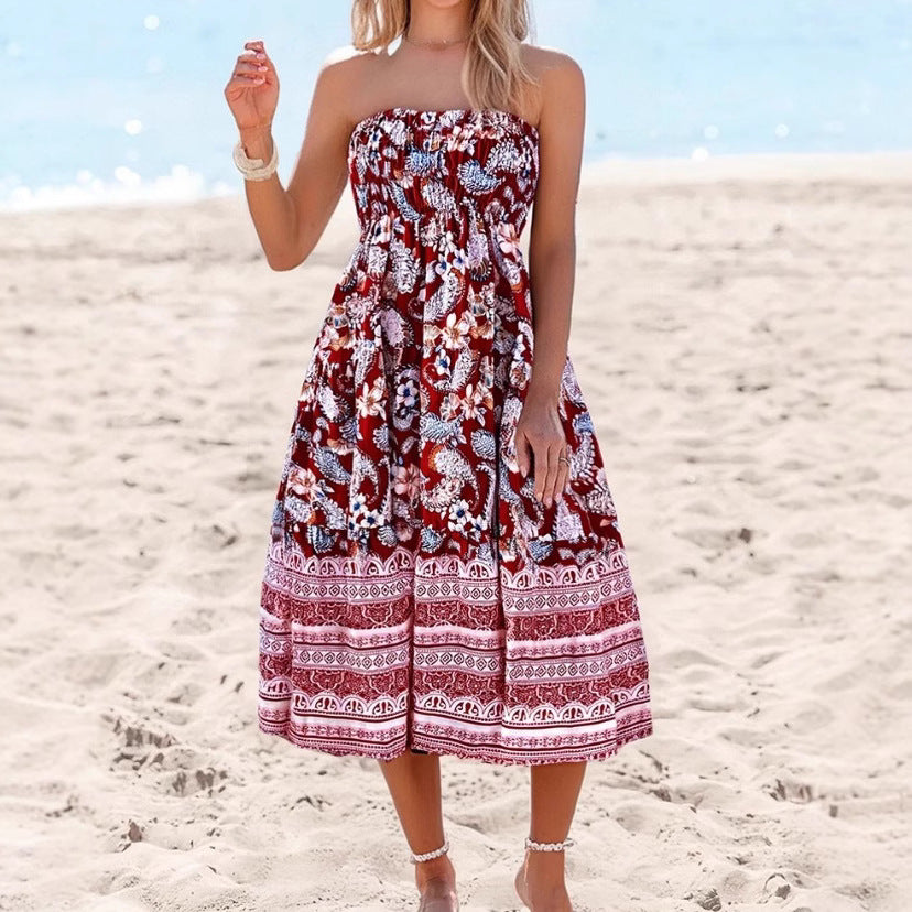 Women's Strapless Dress – Cotton Blend – A-line – Floral Pattern – Midi – Convertible
