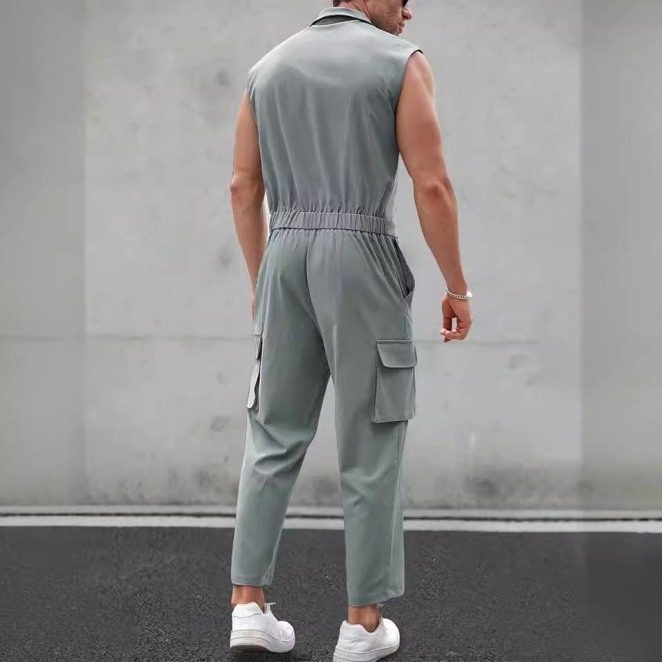 Men's Jumpsuit – Slim Fit – Sleeveless – Button Closure – Shirt Collar – Cargo Details
