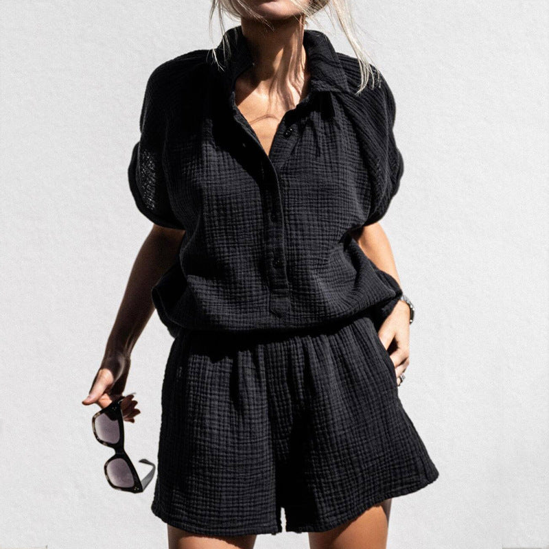 Dame Lounge Sæt – V-hals Top med Knapper – Elastik Shorts – Løs Pasform Bomuld