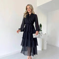 Women's Dress – Chiffon A-line – Layered Midi – Long Sleeves – High Neck Tie