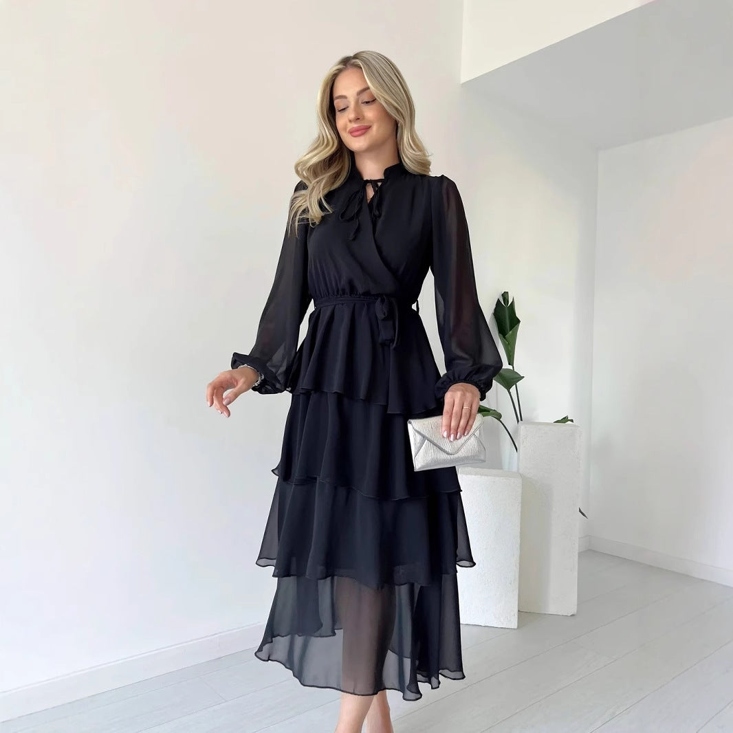 Women's Dress – Chiffon A-line – Layered Midi – Long Sleeves – High Neck Tie
