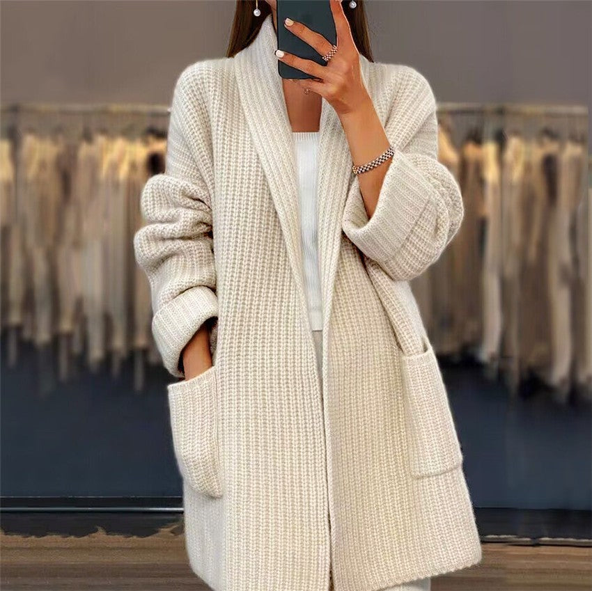 Dame Cardigan – Oversized Pasform – Tykt Uldmix – Åben V-Hals – Lange Ærmer