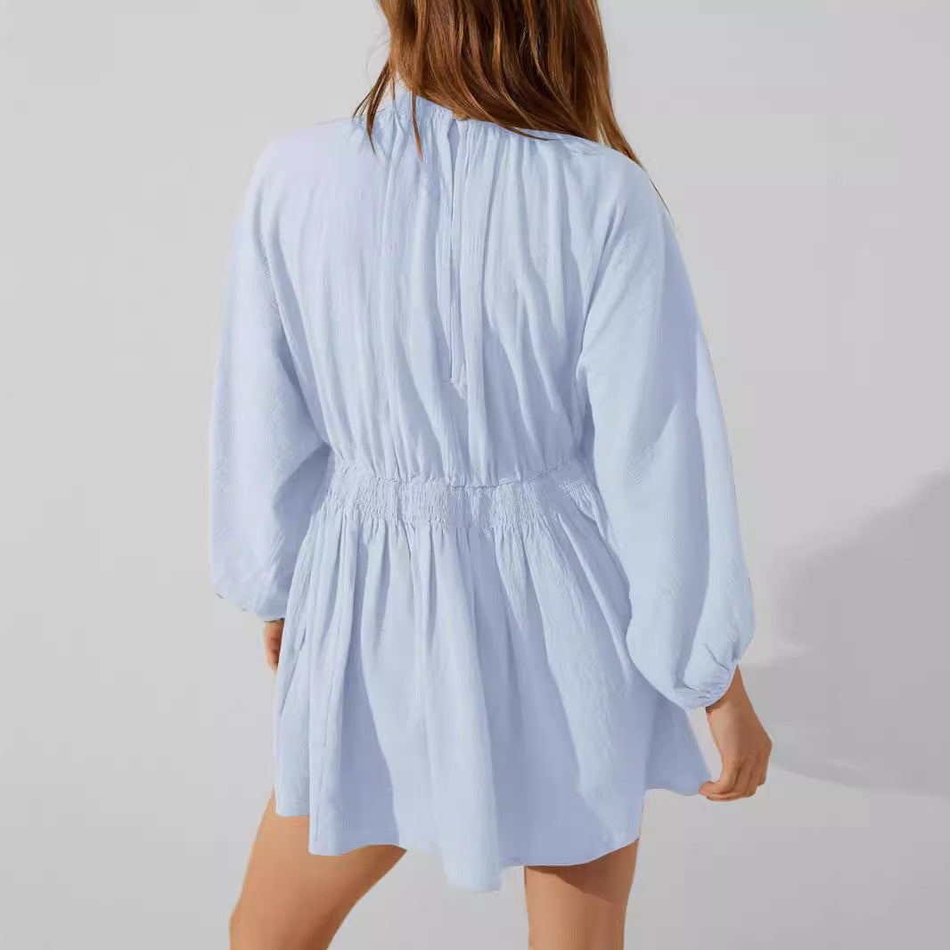 Dress for women – Short model – Cotton linen mix – V-neck – Long sleeves – Loose fit