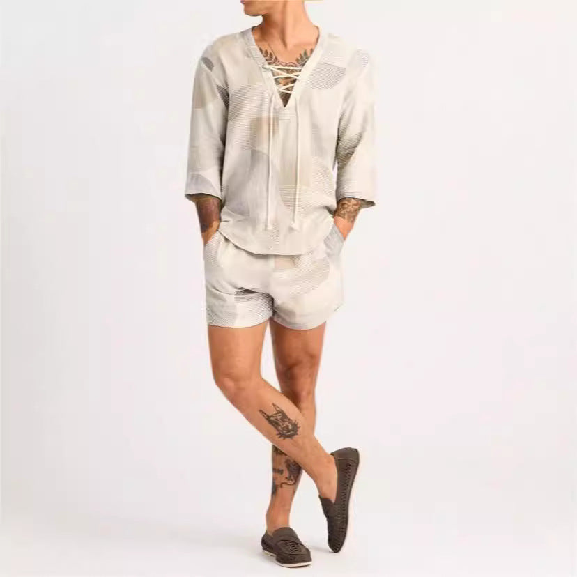 Men's Set – Lace-up Shirt and Shorts – Relaxed Fit – Lightweight and Breathable Fabric