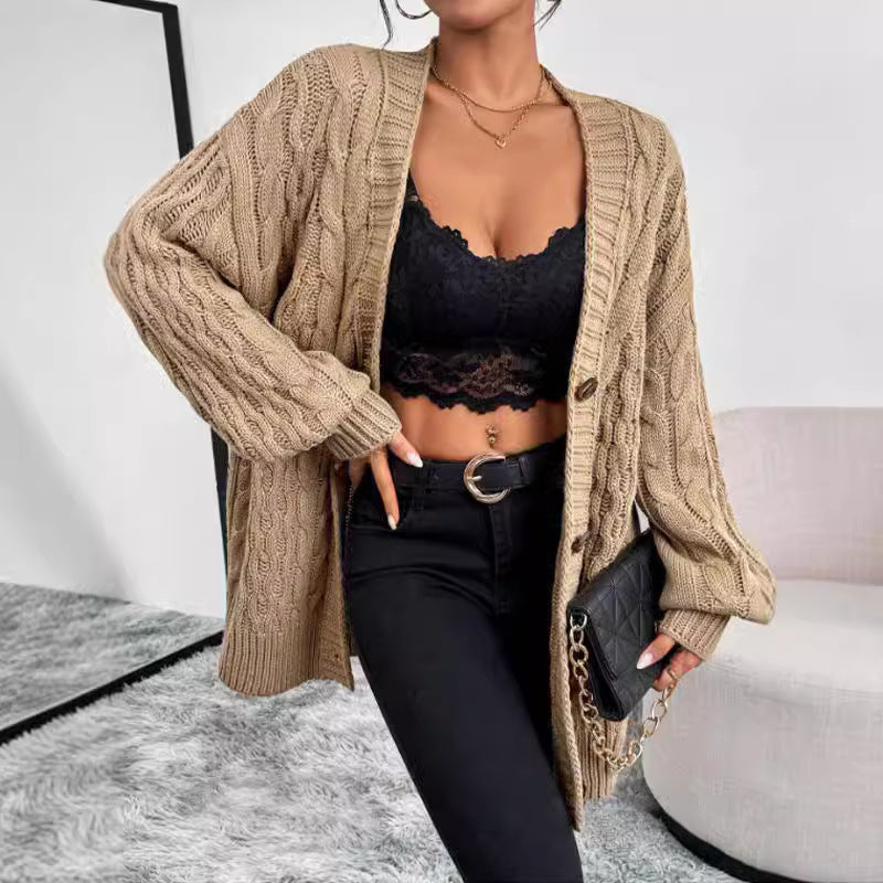 Dame Cardigan – Strik – Oversized Pasform – V-hals – Knaplukning – Lange Ærmer