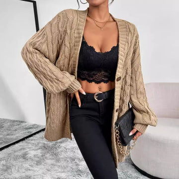 Dame Cardigan – Strik – Oversized Pasform – V-hals – Knaplukning – Lange Ærmer