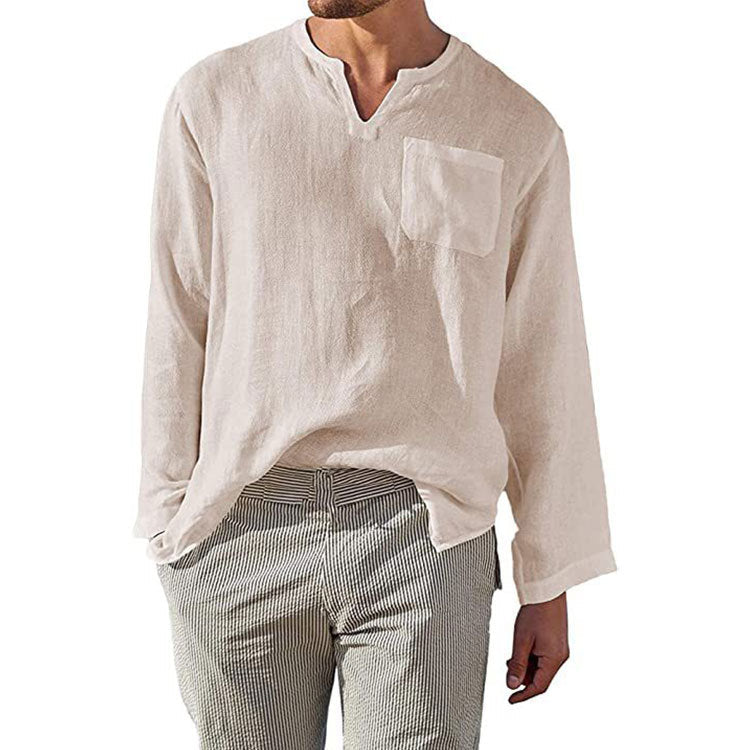 Men's Shirt with Long Sleeves – Linen-Cotton Blend – Relaxed Fit – Mandarin Collar