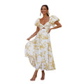 Dress for women – Maxi length – Loose fit – Puff sleeves – Cut-out waist – Layered skirt – Abstract print