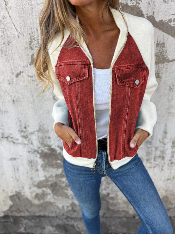 Wool Blend Denim Panel Bomber Jacket