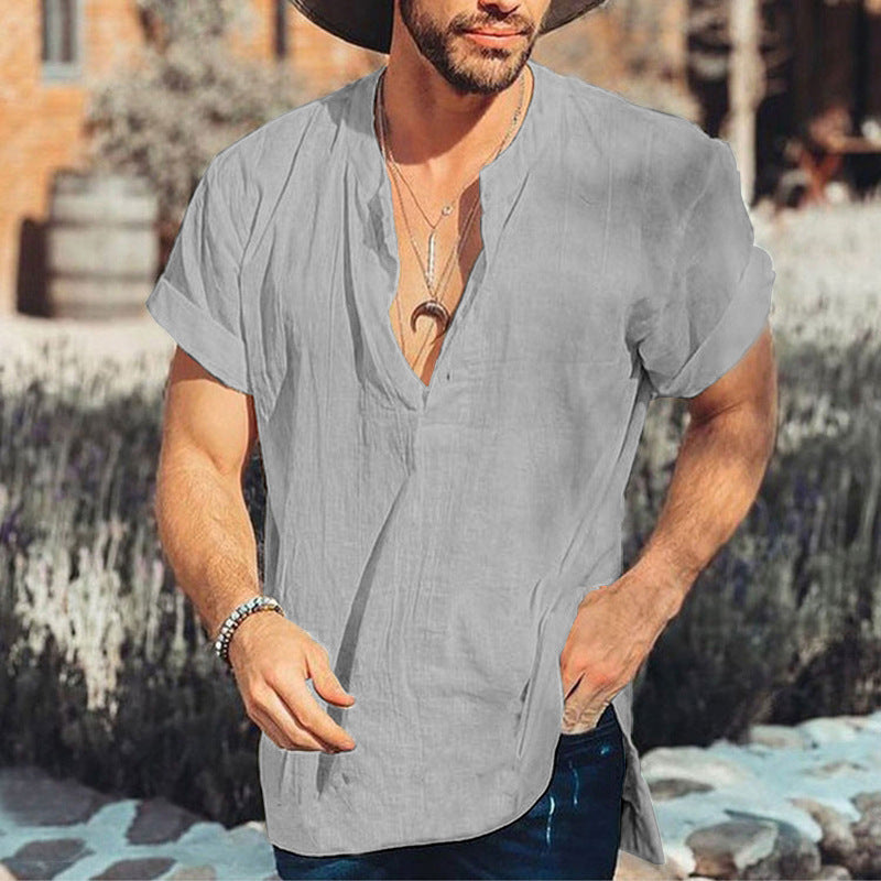 Men's Short-Sleeved Shirt – Relaxed Fit – V-Neck – Natural Fibers