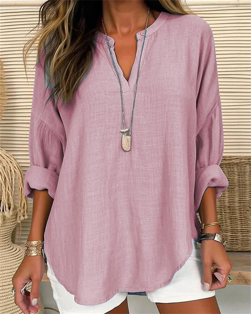 Women's Shirt with Long Sleeves – Cotton Linen – Relaxed Fit – Stand Collar