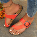 Women's Sandals – Slip-on Flat Sole – Cork Footbed – Adjustable Metal Buckle