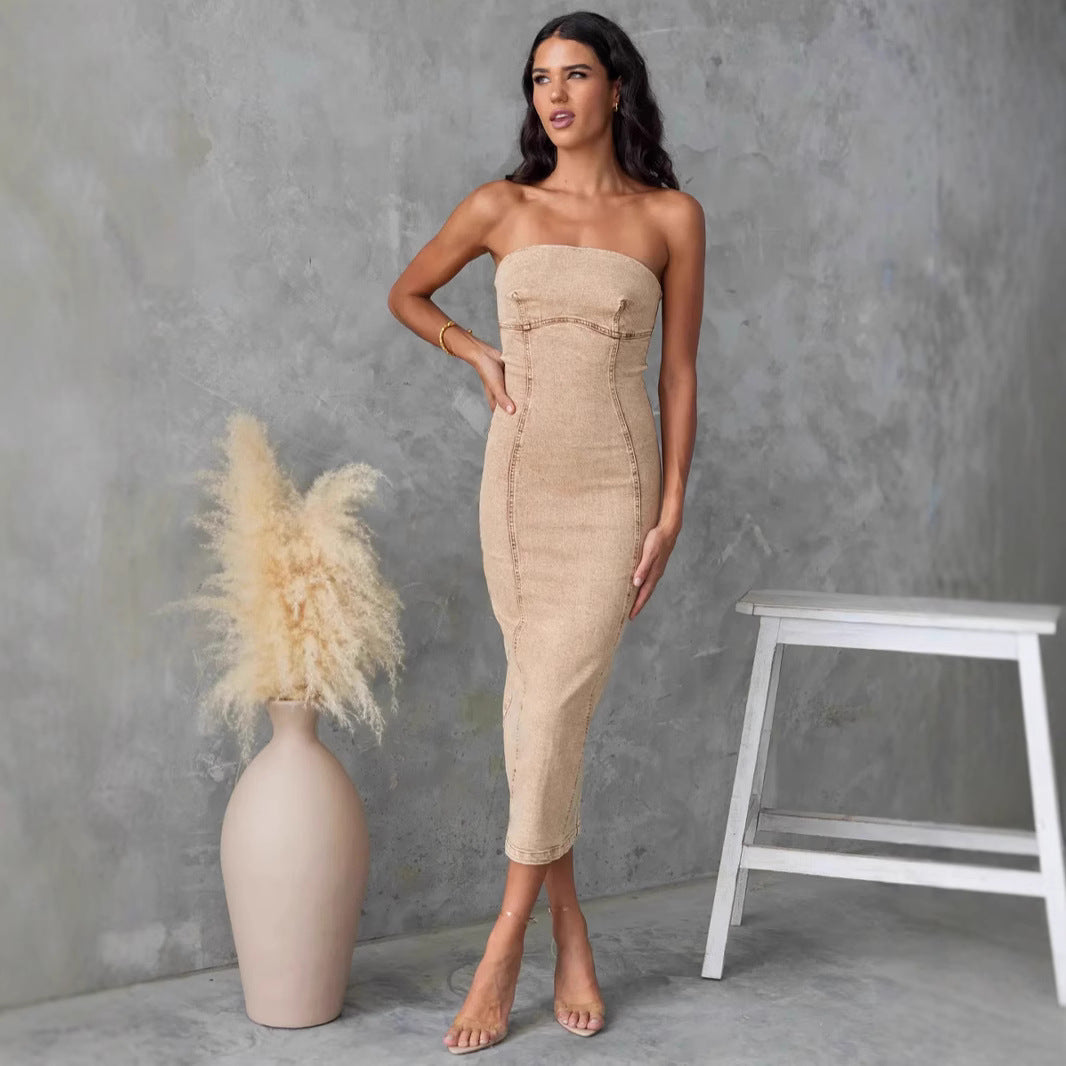 Strapless Slim Fit Midi Denim Dress