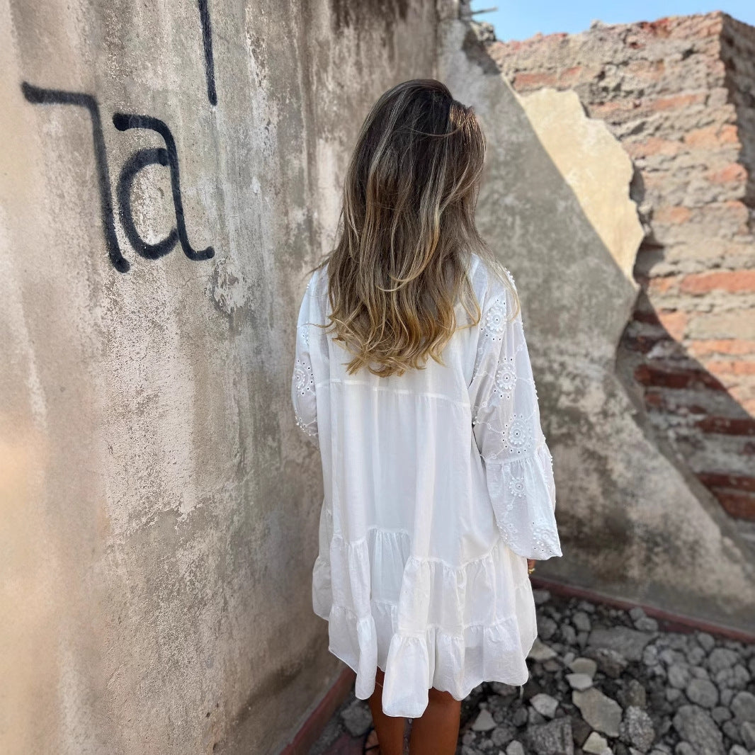 Women's Dress – Cotton – Loose Fit – Embroidered English Embroideries – V-neck – Button Closure – 3/4 Sleeves – Short Length
