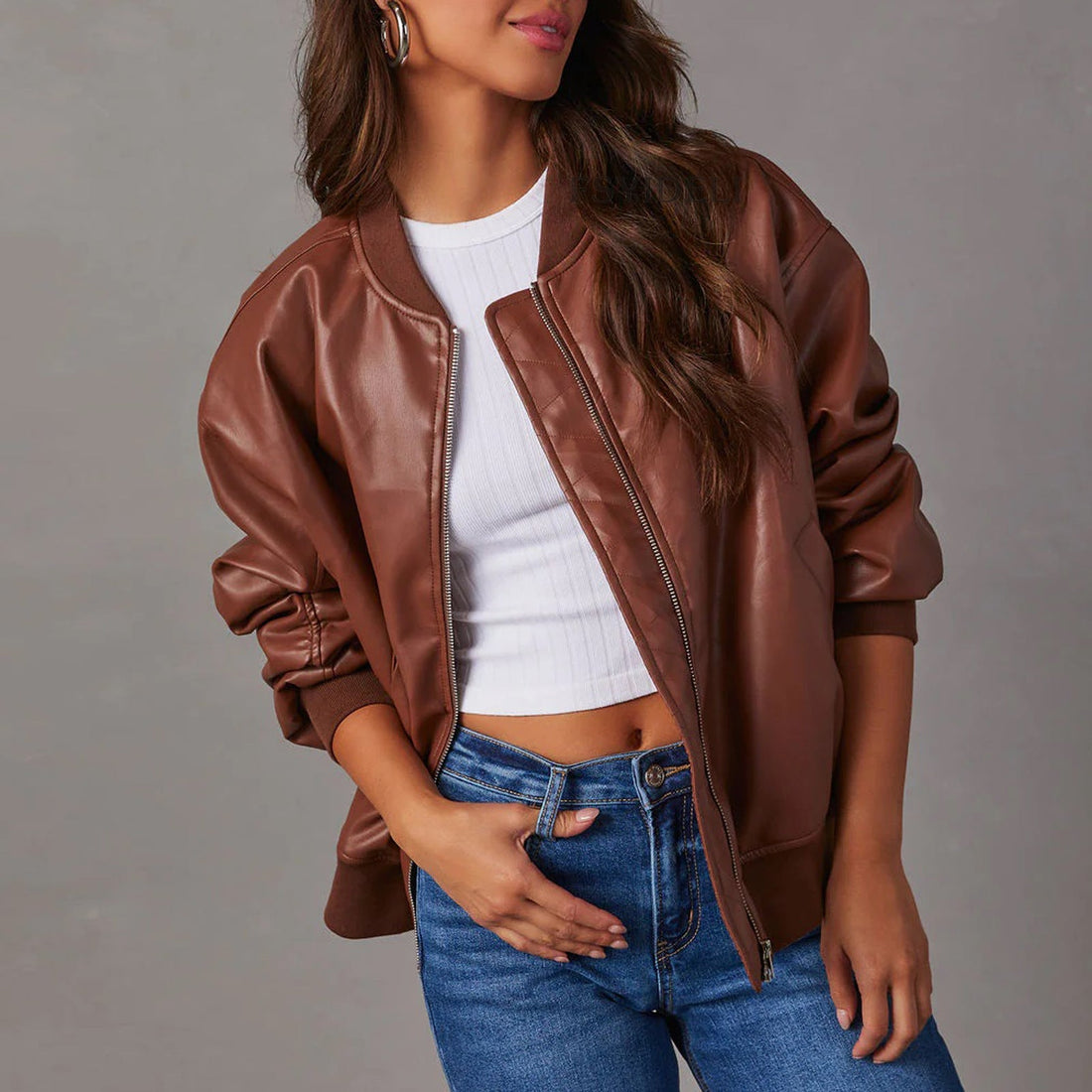 Oversized Ribbed Trim Leather Jacket