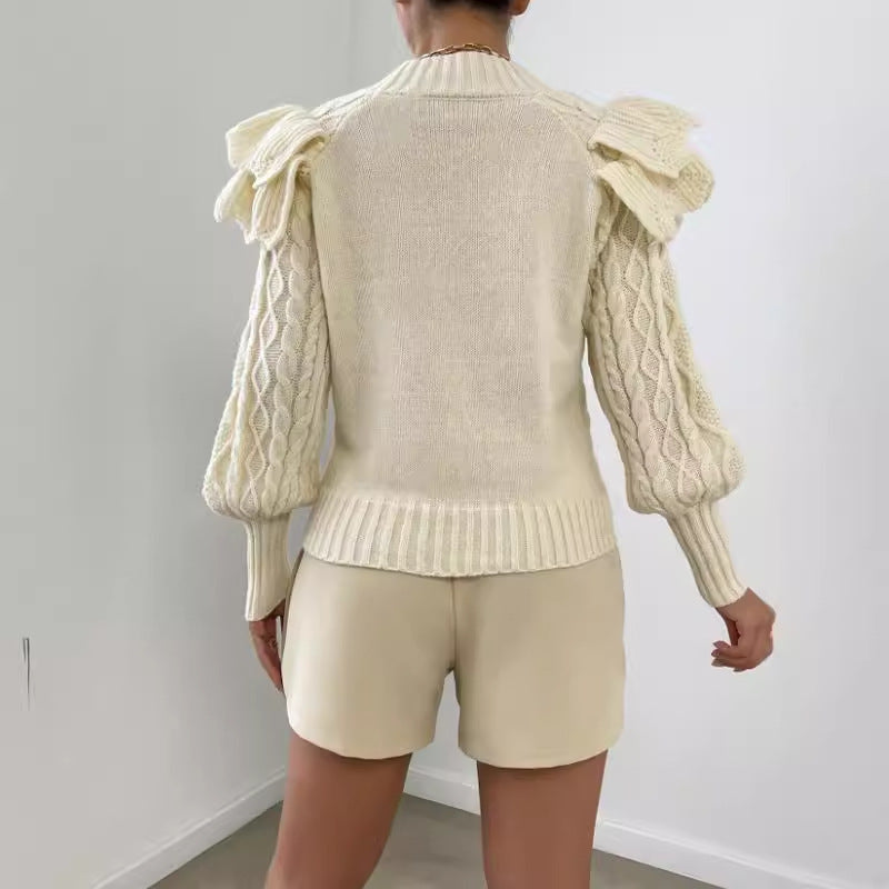 Cable Knit Ruched Shoulder Crop Knit Sweater