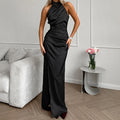 Women's Evening Dress – Satin – Figure-Hugging – Halterneck – High Slit – Floor-Length – Elegant
